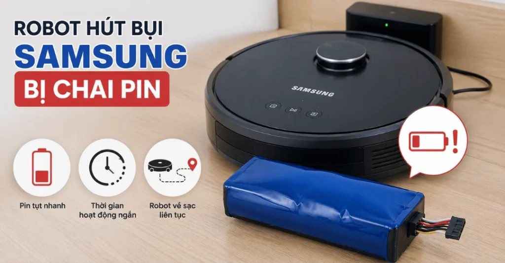 Dấu hiệu nhận biết robot hút bụi Samsung bị chai pin, hỏng pin