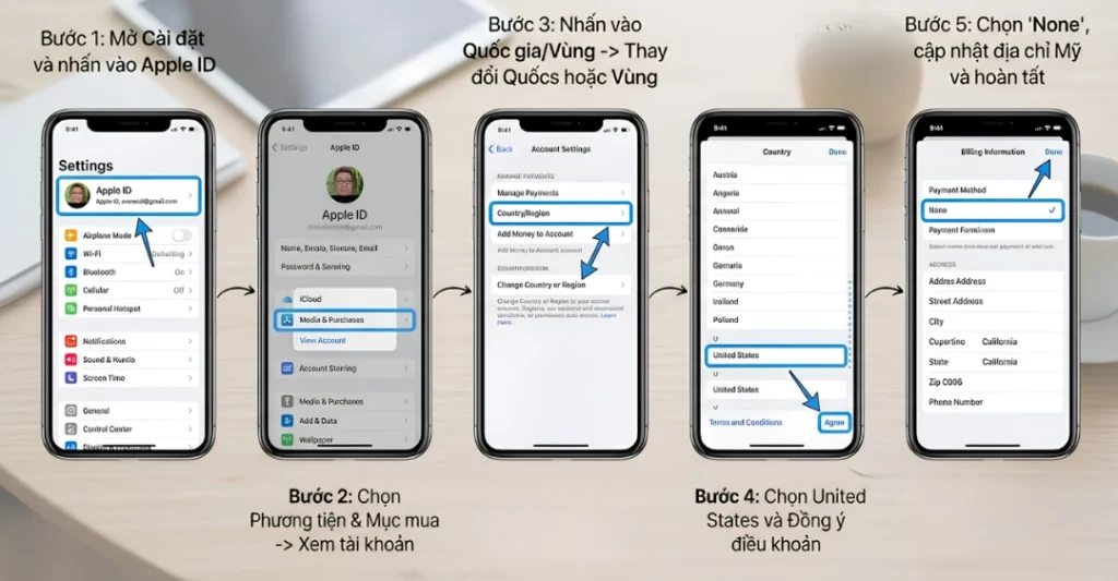 Chuyển đổi vùng (Country/Region) của Apple ID hiện tại sang Mỹ